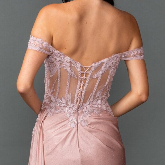 New Off The Shoulder Beds Embellished Maxi Prom Gown w/ Lace up Back DQ 4535 - Picture 7 of 8